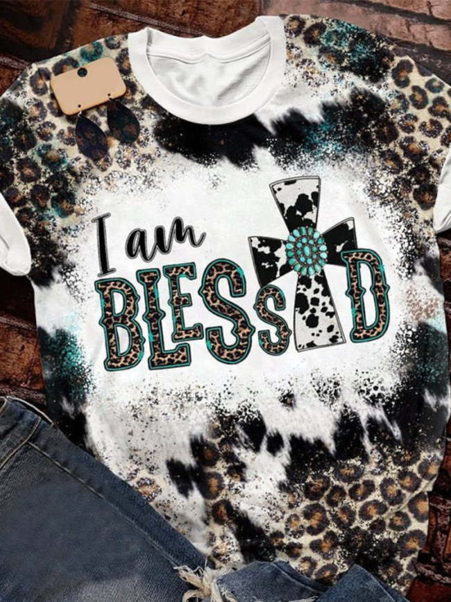 Western I Am Blessed Cow Cross Print T Shirt