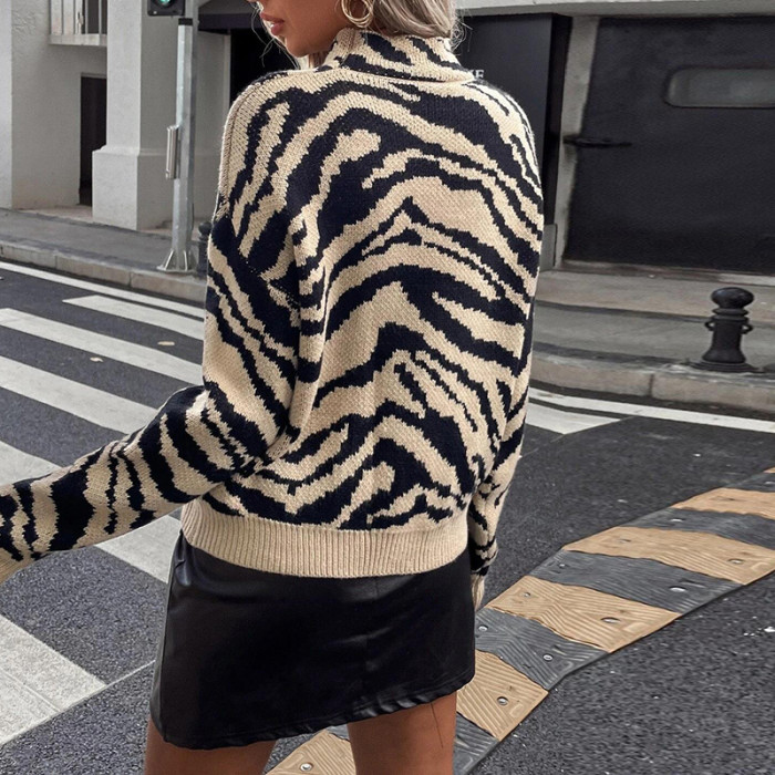 Zebra Print Dropped Shoulder Sleeve Sweater