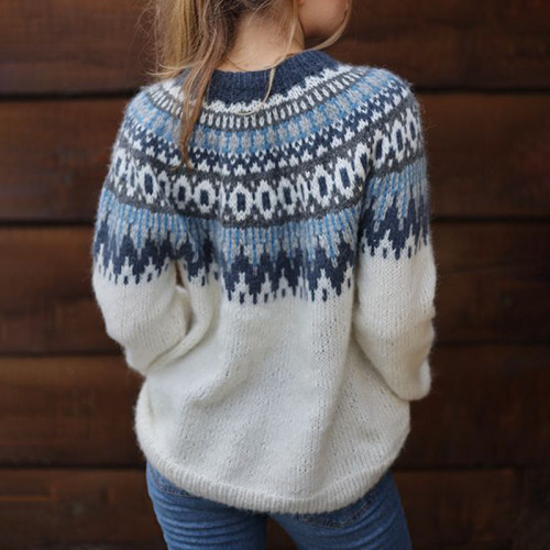 Vintage Geometric Wave Jacquard Long Sleeve Sweater