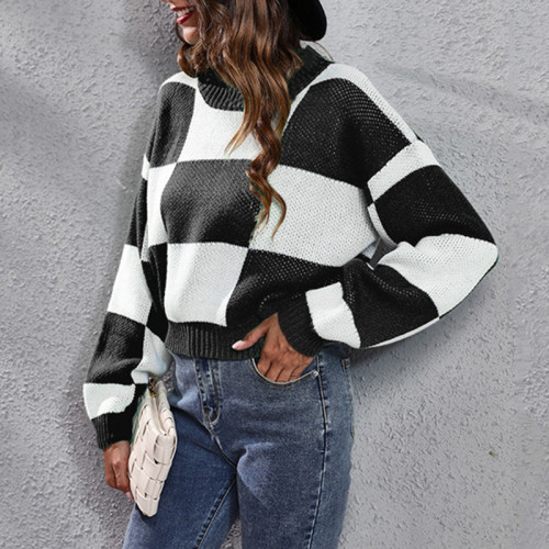 Checkerboard Long Sleeve Cropped Knit Sweater