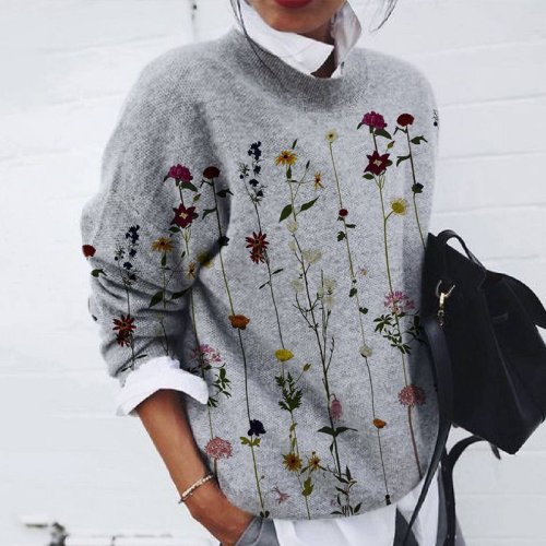 Fashion Brushed Flower Print Loose Long-Sleeved Top