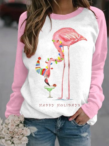 Women's Merry Christmas Flamingo Contrast Print Sweatshirt