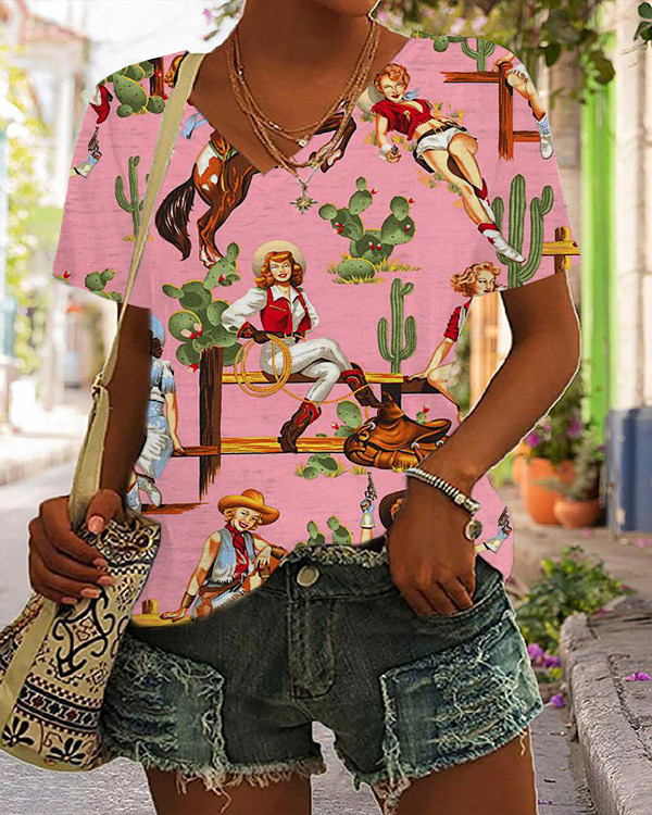 Pink Western Vintage Pattern Short Sleeve T-Shirt