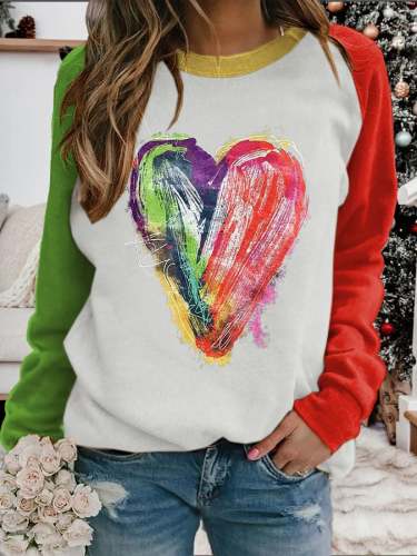 Fashion Color Matching Heart Print Long-Sleeved Sweatshirt