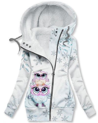 Fleece Warm Owl Winter Warm Casual Print Sports Coat
