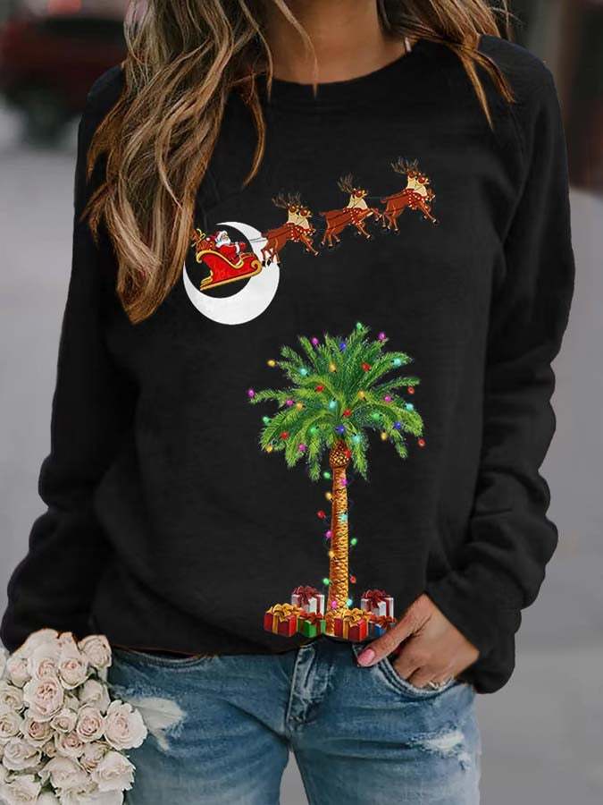 Vintage Christmas South Carolina Santa Palmetto Tree Print Sweatshirt