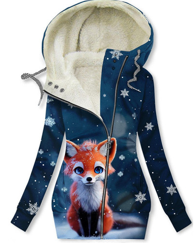 Fleece Warm Fox Snow Art Print Hooded Casual Coat