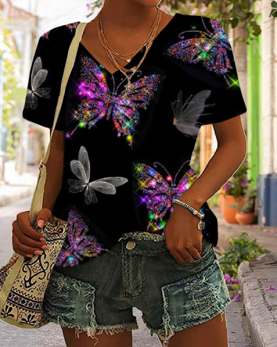Casual Bling Butterfly V-neck Top