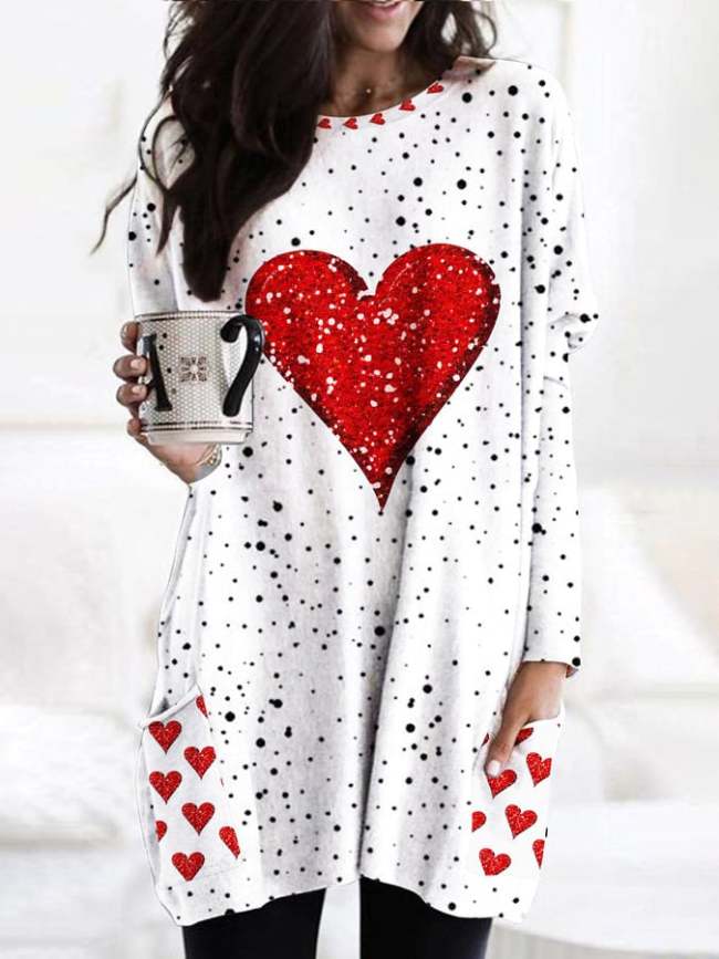 Valentine's Day Sequin Heart Print Pocket Top