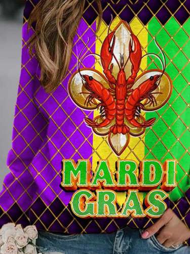 Crawfish Mardi Gras Color Block Plaid Print Sweatshirt