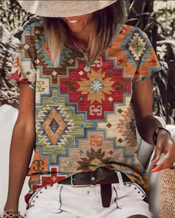 Vintage Geometric Pattern Crew Neck T-shirt