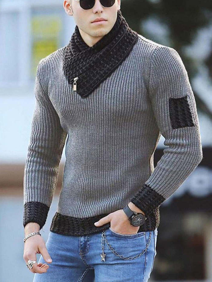 Men's Casual Slim Knit Pullover Long Sleeve Scarf Neck Sweater
