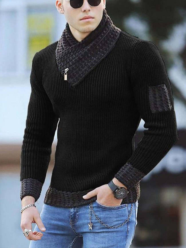 Men's Casual Slim Knit Pullover Long Sleeve Scarf Neck Sweater