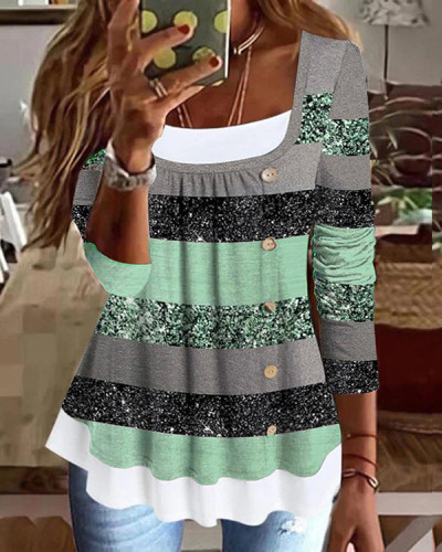 Casual Round Neck Pullover Color Block Color-block Fake Two-piece Top