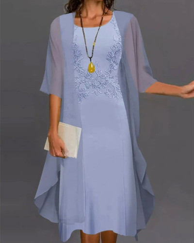 Elegant Solid Color Crewneck Two-Piece Dress