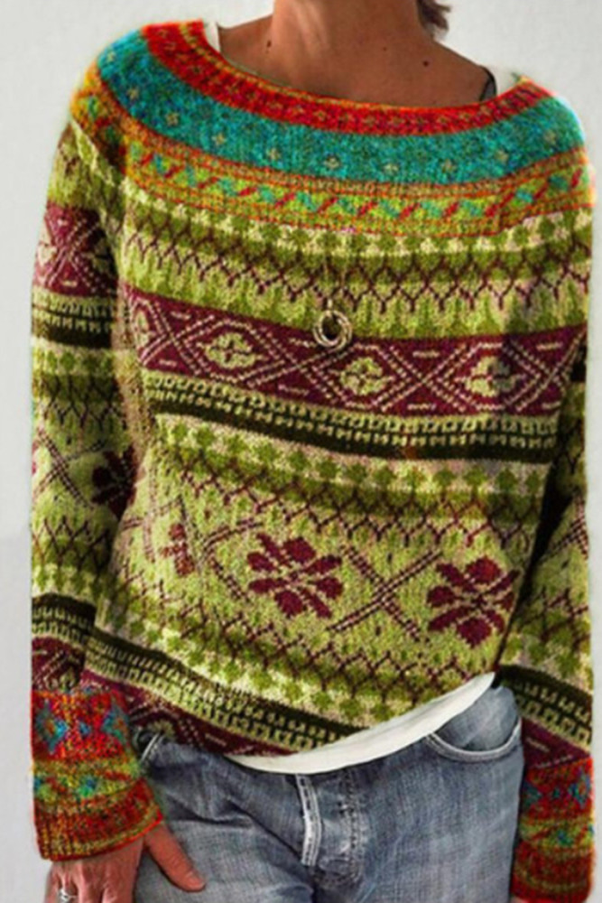Vintage Jacquard Contrast Crew Neck Long Sleeve Sweater