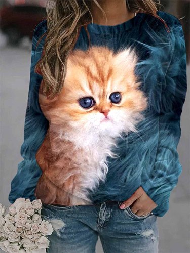 Damen-Sweatshirt mit süßem Katzendruck