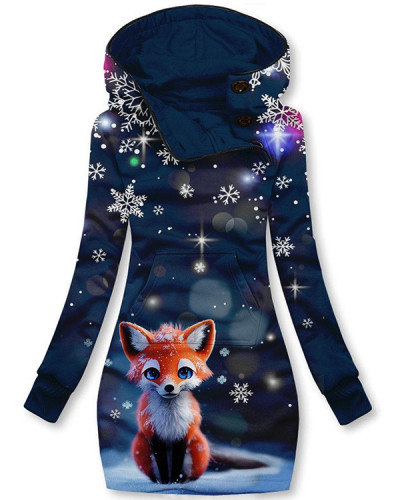Fox Snow Art Print Hooded Casual Sweatshirt