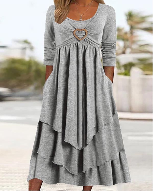 Solid Color Round Neck Long Sleeve Casual Midi Dress