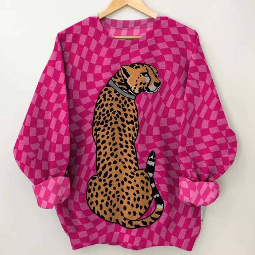 Women's Plaid Cheetah Print Long Sleeve Round Neck Sweatshirt