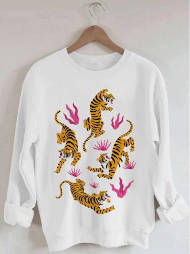 Women's Tiger Print Long Sleeve Round Neck Sweatshirt