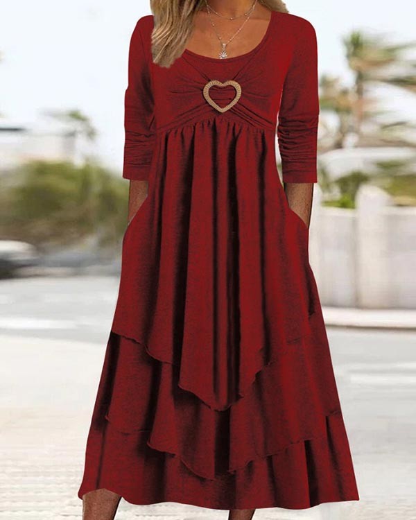 Solid Color Round Neck Long Sleeve Casual Midi Dress