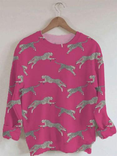 Women's Cheetah Print Long Sleeve Round Neck Sweatshirt