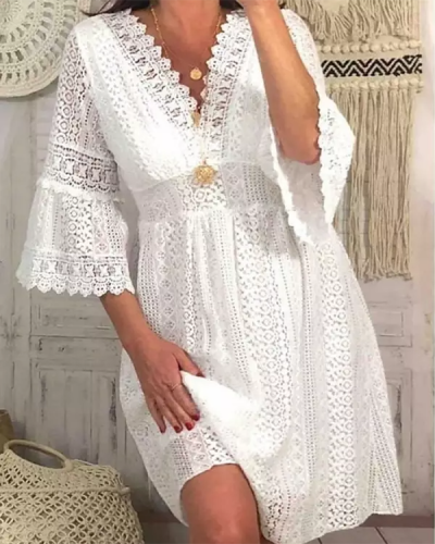 Solid Color V-neck Hollow Bell Sleeve Lace Dress