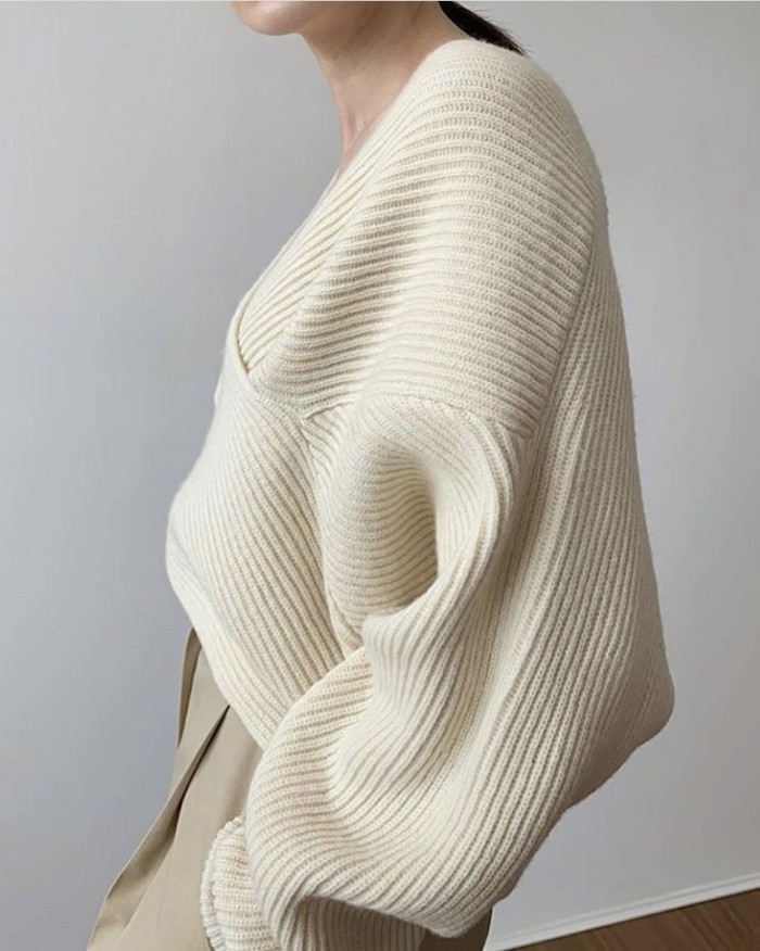 Simple Big V Neck Cross Design Loose Sweater Sweater Women