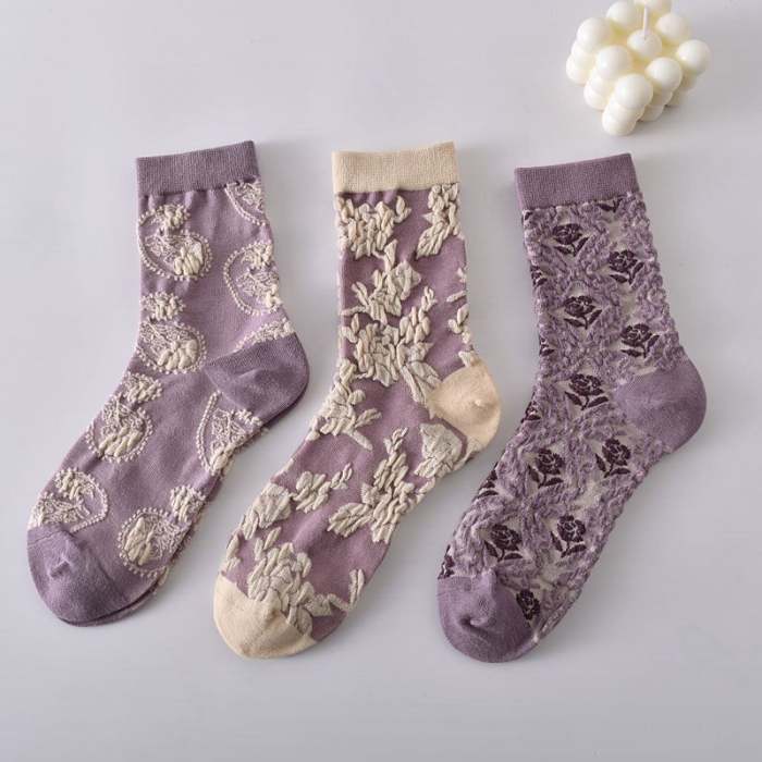 New Year Sale 50%OFF-5 Pairs Women's Purple Vintage Floral Cotton Socks