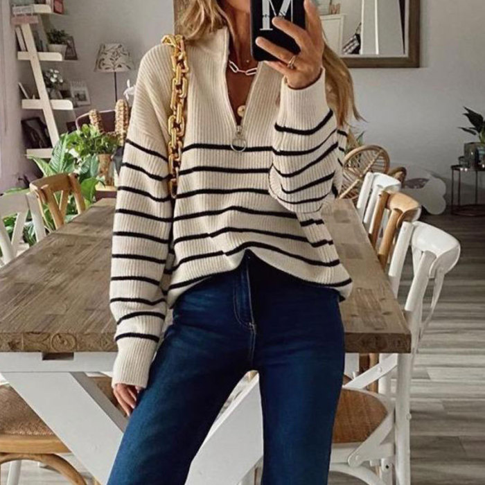 Casual Stripe Jacquard Sweater Top