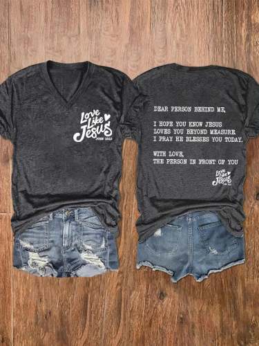 Women's Love Like Jesus Print V-Neck Casual T-Shirt