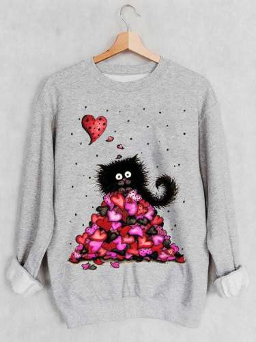 Valentine's Day Cat Love Print Sweatshirt