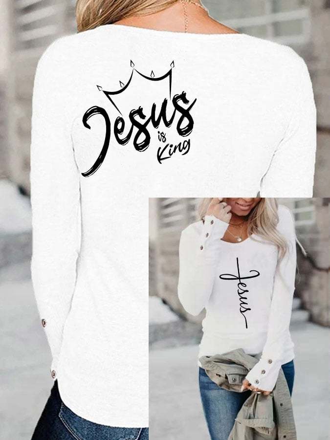 Women's Jesus Is King Print Button Top
