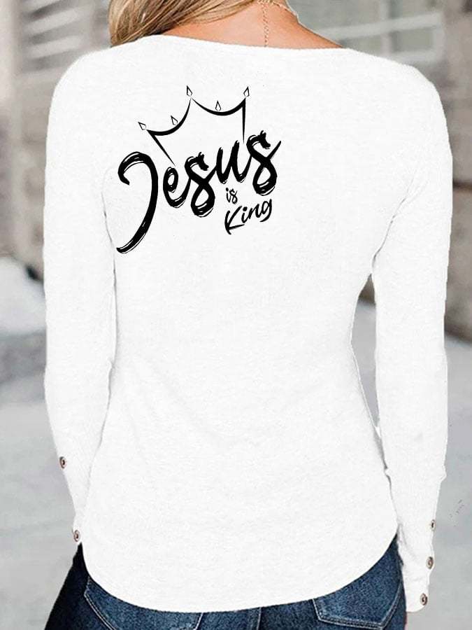 Women's Jesus Is King Print Button Top