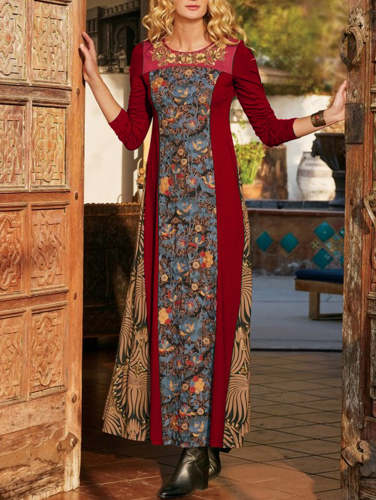 Retro Floral Tribal Pattern Panel Crew Neck Maxi Dress