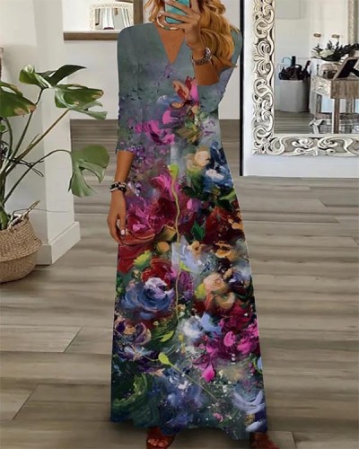 Casual Loose Art Floral V-neck Long-sleeved Dress