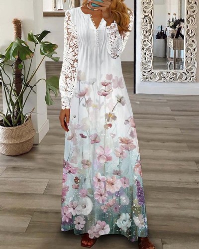 Casual Loose Half Open Neck Lace Floral Dress