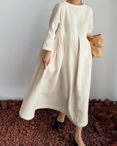 Elegant Round Neck Loose Cotton Linen Dress