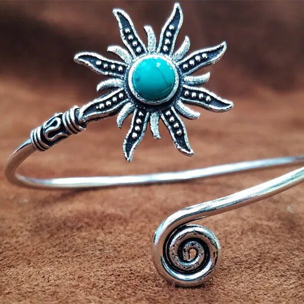Sterling Silver Turquoise Sun Adjustable Bangle