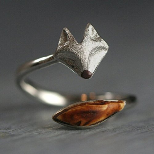 Sterling Silver Fox Wooden Tail Adjustable Ring