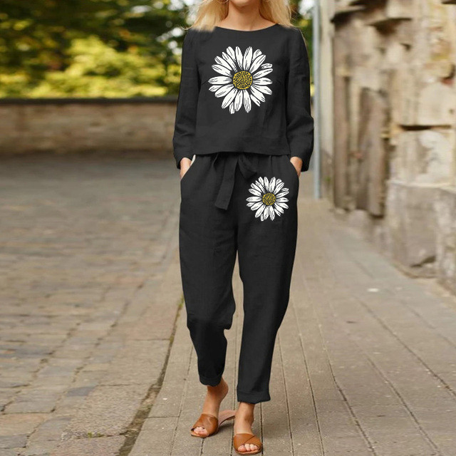 Women's Printed Top Tie Trousers Suit