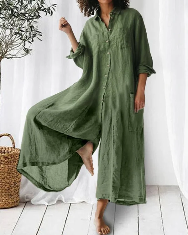 Green In Stock Linen Cotton Loose Casual Loose Jumpsuit