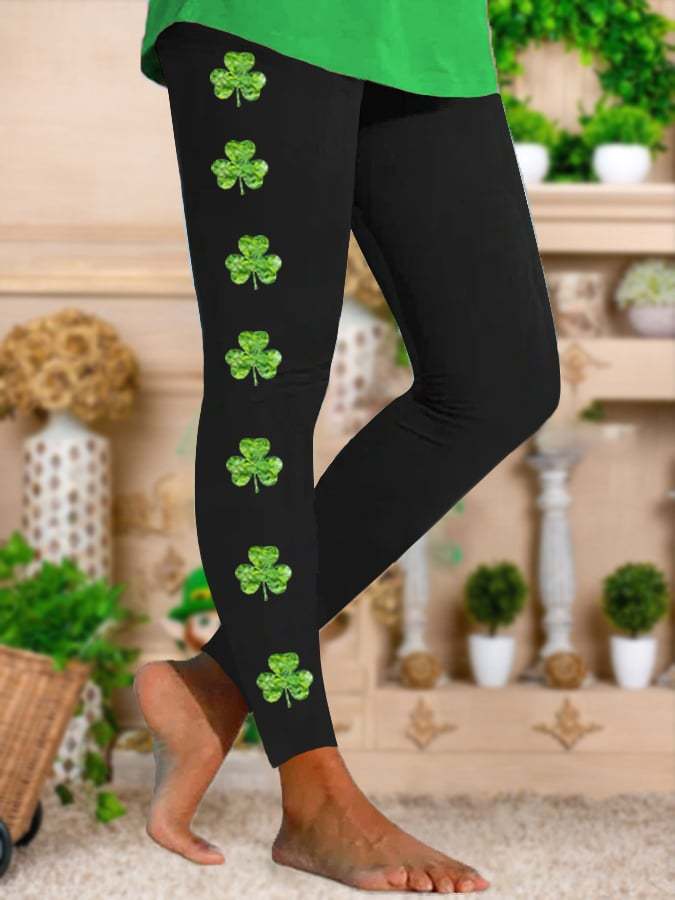 Women's St. Patrick's Day Let The Shenanigans Begin Shamrock Print Stretch Leggings