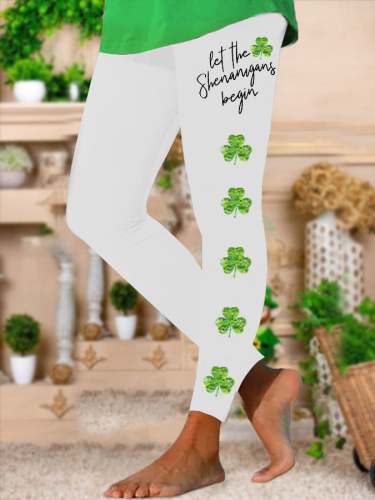 Women's St. Patrick's Day Let The Shenanigans Begin Shamrock Print Stretch Leggings