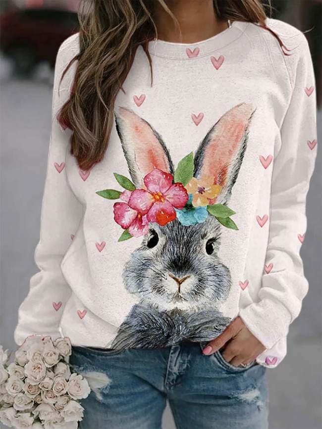 Women's Easter Floral Bunny Print Sweatshirt