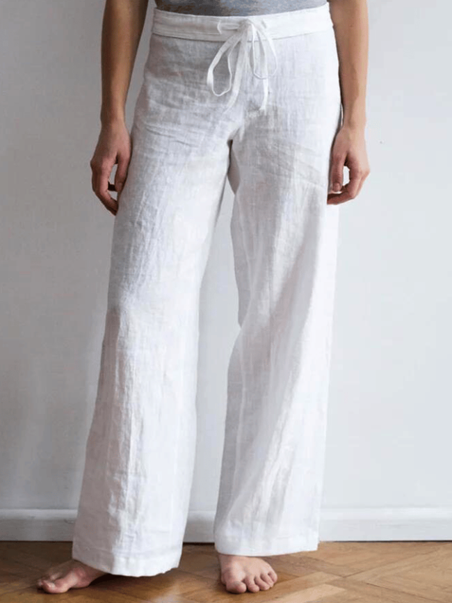 Women's Casual Pure Color Lace Up Cotton Linen Straight Pants