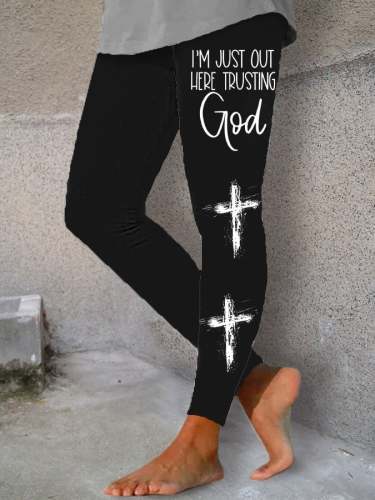 Women's Faith I'm Just Here Trusting God Cross Print Yoga Leggings