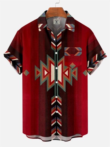Men's Retro Western Ethnic Stripes Pattern Short Sleeve Shirt