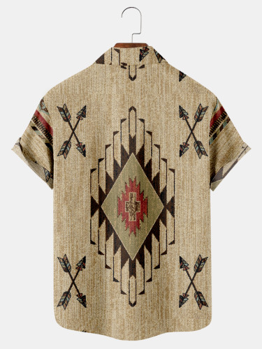 Men's Retro Western Ethnic Stripes Pattern Short Sleeve Shirt